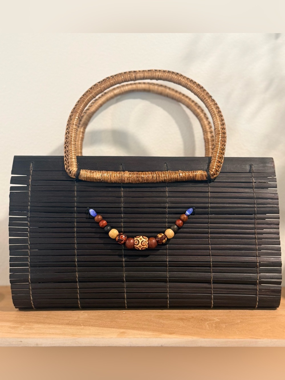 Vintage Boho Black Bamboo Slat Handbag with Woven Handles & Beaded Detail -